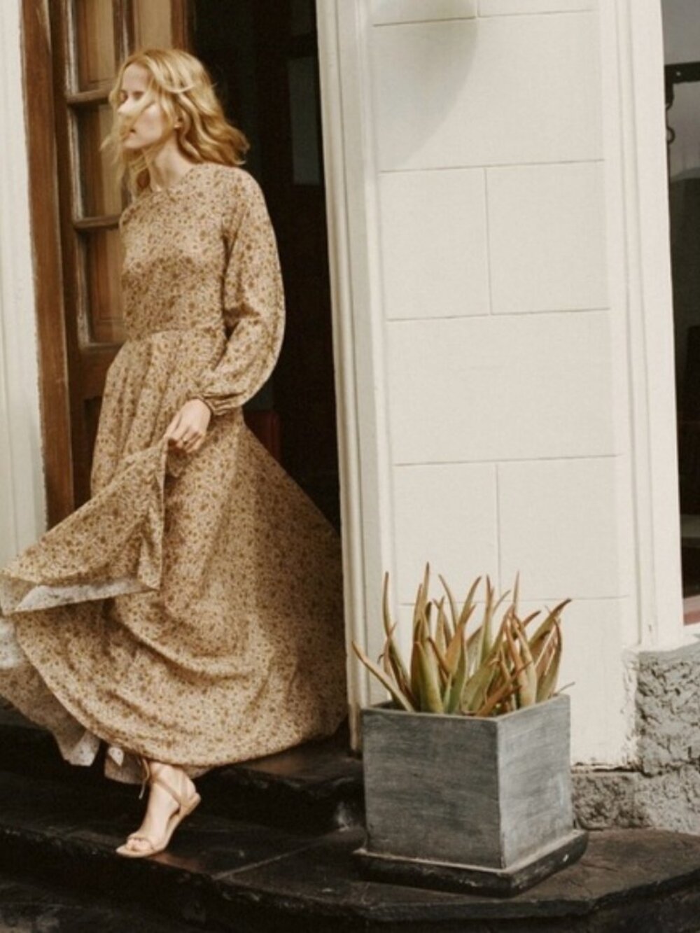 Doen Beige Floral Long-Sleeve Maxi Dress